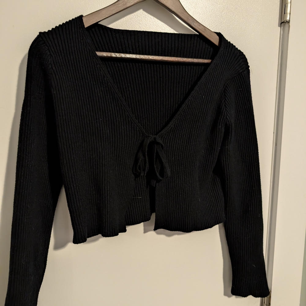Black Ribbed Knit Tie-Front Top